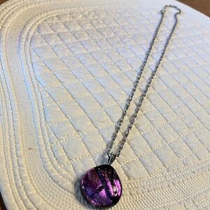 Purple Dichroic Glass Pendant Necklace with 24“ Silver Chain.